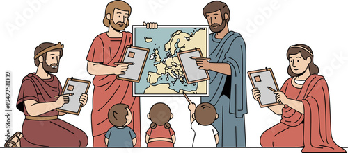 Ancient Greek Scholars Teaching Geography to Children with Europe Map in Flat Design Style