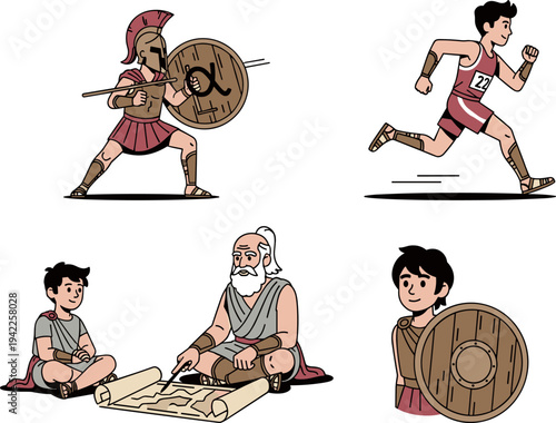 Ancient Greek Spartan Warrior and Philosopher Character Set in Flat Design Illustration
