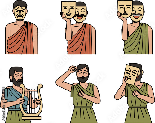 Ancient Greek Theater Actors with Comedy and Tragedy Masks and Lyre in Flat Line Art Style