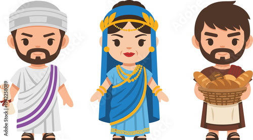 Ancient Roman Characters Set in Flat Design Style Featuring Senator Priestess and Baker
