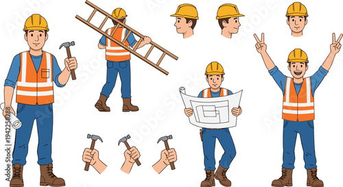 Construction Worker Character Sheet in Flat Design Style with Tools, Blueprint, and Ladder