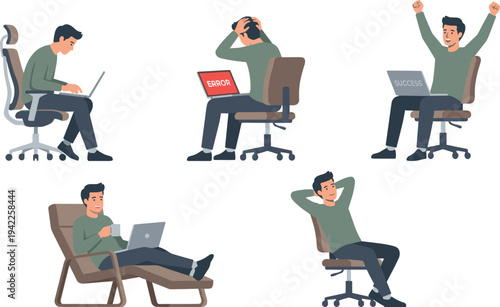 Flat Illustration of Male Developer Character Working on Laptop with Success and Error Screens