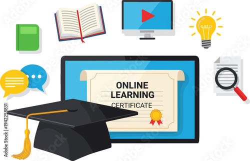 Online Learning Concept with Digital Certificate, Graduation Cap, and Education Icons in Flat Style