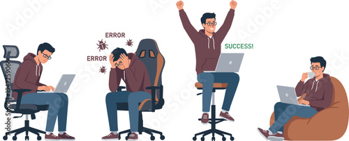 Programmer Workflow Set with Stress, Error Debugging, and Success Flat Illustration Isolated