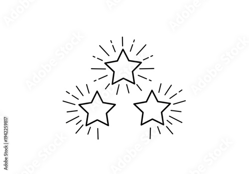 Three shining stars with sunburst rays, thin line icon for premium rating, excellence, and top quality concepts