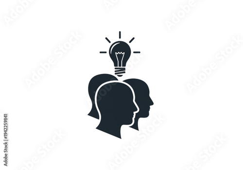 Group of heads with a shining lightbulb, solid icon for team brainstorming, collective intelligence, and creative ideas