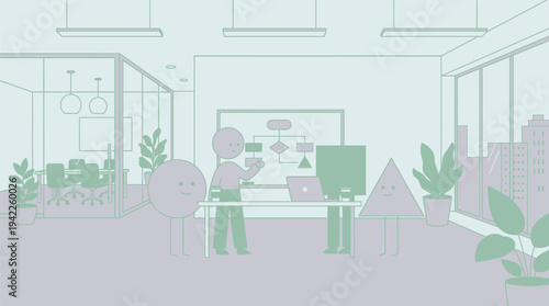 A flowchart is being explained by a person in an office setting with geometric characters.