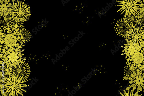 Golden Fireworks Border Background on Black, Elegant Japanese Festival Design