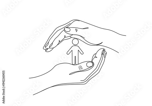 Human hands protecting a small person icon, continuous line drawing for care, insurance, and social support concepts