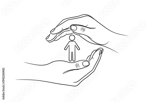 Human hands protecting a small person icon, continuous line drawing for care, insurance, and social support concepts