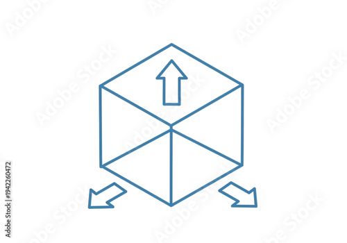 3D cube with expansion arrows, blue outline icon for scalability, dimensions, and spatial development concepts