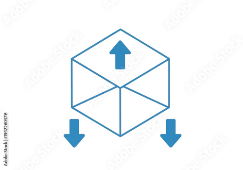 3D cube with expansion arrows, blue outline icon for scalability, dimensions, and spatial development concepts