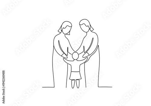 Continuous line drawing of a happy family, minimalist outline of parents embracing their child for love and togetherness concepts