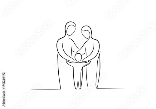 Continuous line drawing of a happy family, minimalist outline of parents embracing their child for love and togetherness concepts