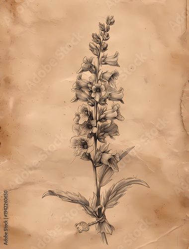 drawing of a delphinium flower with its leaves on old paper, in the style of ink, tattoo design, highly detailed.