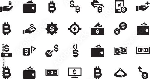 Collection of black finance and cryptocurrency on white background bitcoin money wallet