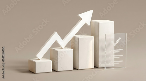 3D rendering of a rising graph with white blocks and a large arrow indicating growth and progress