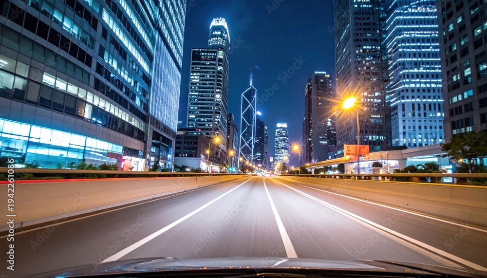 Fototapeta premium Cityscape Night Drive through Modern Skyscrapers.