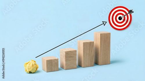 Increasing wooden blocks with an arrow hitting a target, depicting success, progress, and achievement in a business context, viewed from the side