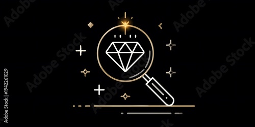 Elegant digital illustration of a diamond gemstone under magnifying glass with sparkles and minimalistic design on black background