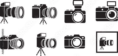Collection of eight black and white of cameras and camera equipment lens tripod