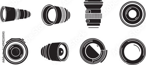 Collection of eight black and white representing camera lenses equipment optical zoom lens