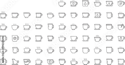 Collection of various black line coffee and tea cups with steam coffee cup hot beverage