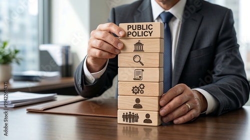 Public Policy and Governance Concept with Businessman Stacking Wooden Blocks for Law and Regulation Framework.