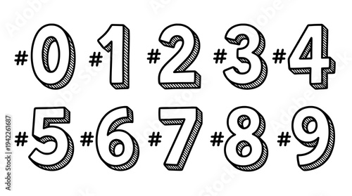 Hand-Drawn Numeric Digits with Hashtag Symbols