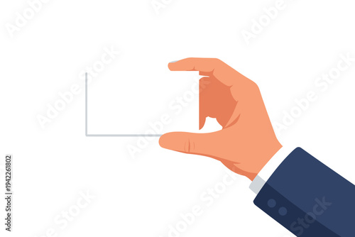 Flat vector illustration of a businessman's hand in a blue suit sleeve holding a blank white business card or credit card for presentation, networking, job search, and recruitment mockup.