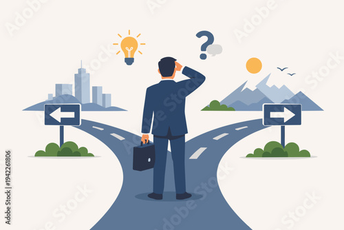 Businessman standing at a fork in the road making a difficult career choice between city life and nature, flat vector illustration of decision making, professional path, and work-life balance.