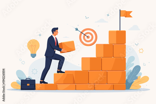 Businessman building his own career path by stacking orange blocks to reach the top. Concept of corporate success, goal achievement, and professional growth in a flat vector illustration style.