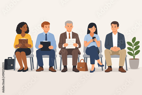 Diverse group of professional candidates sitting in chairs waiting for a job interview, multi-ethnic men and women holding resumes and clipboards for recruitment, flat vector illustration.
