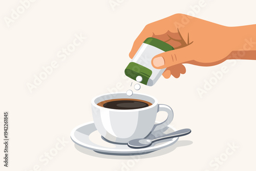 Flat vector illustration of a hand adding artificial sweetener tablets from a dispenser into a white cup of hot black coffee on a saucer with a spoon, concept for sugar substitute and healthy diet.
