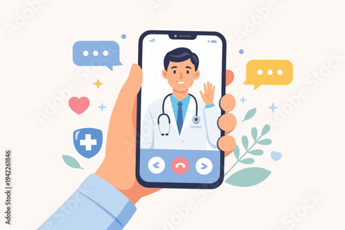 Hand holding smartphone with male doctor on screen for online medical consultation. Telemedicine concept with chat bubbles, heart, and health icons. Flat vector illustration for digital healthcare.