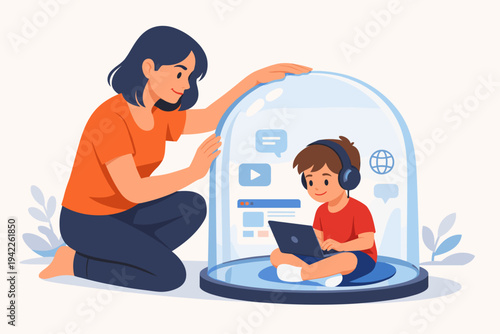 Mother Protecting Child in Glass Dome While Browsing Internet, Parental Control and Online Safety Concept for Kids, Cybersecurity and Safe Web Surfing Illustration, Digital Protection for Children.