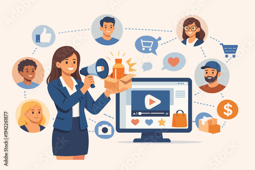 Professional businesswoman influencer marketing a new product online using a megaphone and video content to reach a diverse network of customers, digital social media advertising and e-commerce