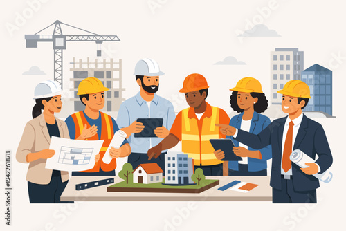 Professional team of architects, engineers, and construction workers collaborating on a building project with blueprints, architectural models, and tablets at a construction site vector.