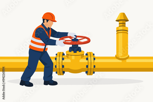 Industrial Worker in Safety Vest and Hard Hat Turning a Large Red Valve on a Yellow Gas Pipeline, Professional Technician Operating Oil or Natural Gas Pipe System, Flat Vector Illustration