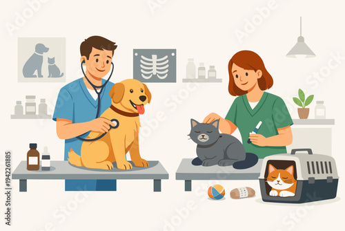 Professional male veterinarian and female assistant providing medical care to a golden retriever dog and domestic cats in a clean pet clinic with X-ray, medicine bottles, and a carrier.