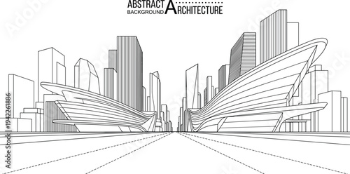 Abstract architectural background of a futuristic city boulevard featuring fluid-form organic buildings and a dense skyscraper skyline in one-point perspective.