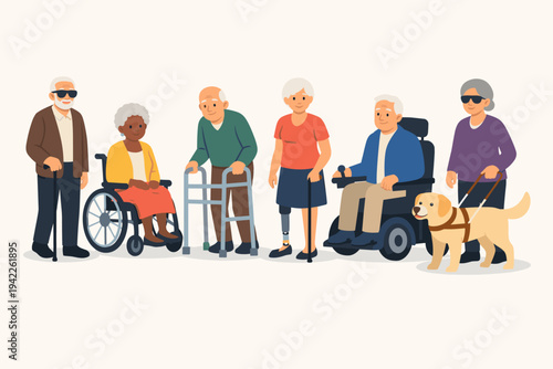 Diverse group of disabled senior people including elderly men and women using manual and electric wheelchairs, walkers, canes, prosthetic legs, and a guide dog for accessibility and inclusion.