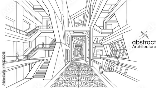 Abstract architectural interior sketch featuring a vast multi-level atrium with complex stairs, bridges, and human silhouettes in one-point perspective.