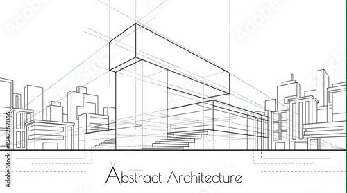 Abstract architectural perspective sketch of a modern cantilevered building within a dense city skyline, featuring two-point perspective guides.