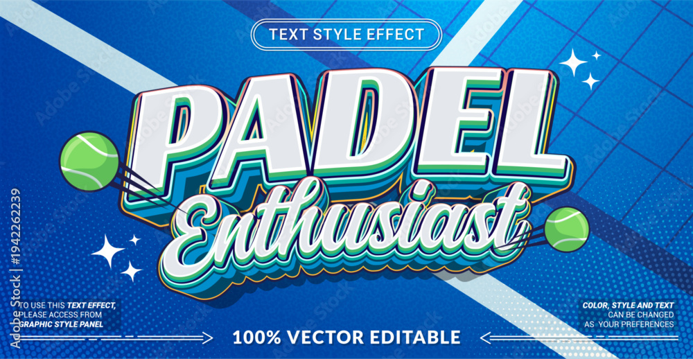 Naklejka premium Editable text effect vector “Padel Enthusiast” features bold sporty 3D lettering with energetic vibes, perfect for padel clubs, tournaments, sportswear, and event promotions.