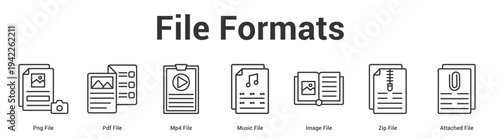 File Formats web banner icon set vector illustration concept for business with icon of Png File, Pdf File, Mp4 File, Music File, Image File, Zip Fi.
