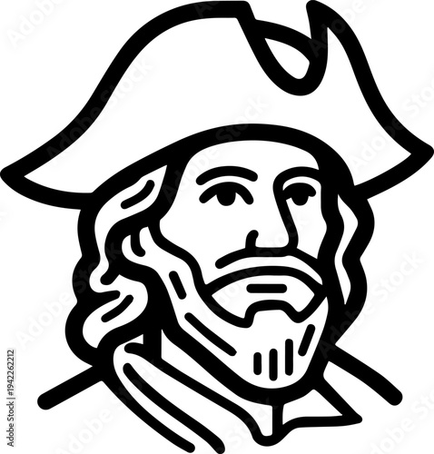 Hand Drawn Male Pirate Black and White Avatar Illustration in Minimal Line Art Style Design