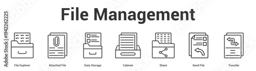 File Management web banner icon set vector illustration concept for business with icon of File Explorer, Attached File, Data Storage, Cabinet, Share, S.