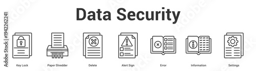 Data Security web banner icon set vector illustration concept for business with icon of Key Lock, Paper Shredder, Delete, Alert Sign, Err.