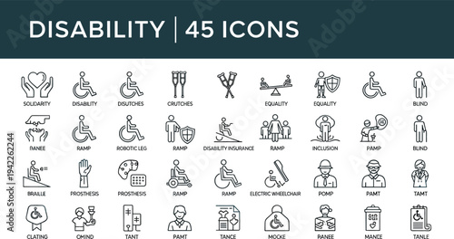 Accessibility and inclusion icon set featuring wheelchairs crutches prosthetic limbs braille ramps and symbols for physical disability support.